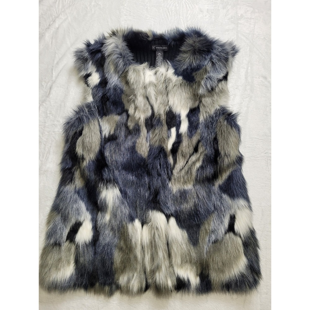 INC Faux Fur Vest Women M/L Multi Blue Grey Knit Back Patchwork Layer